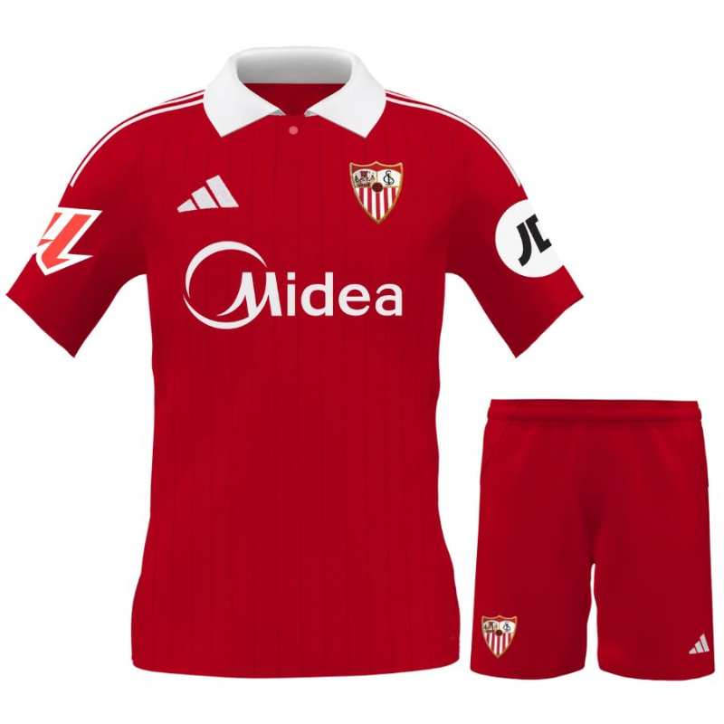 Completo Trasferta Bambino Sevilla FC 2025-2026 – Rosso con Colletto Bianco